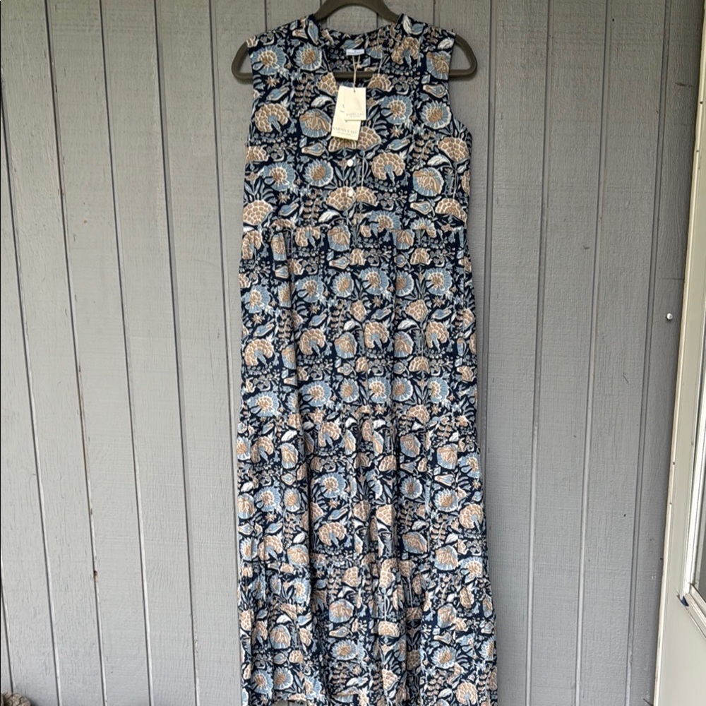Karma East Small Boho Tiered Maxi Dress Blue and Cream